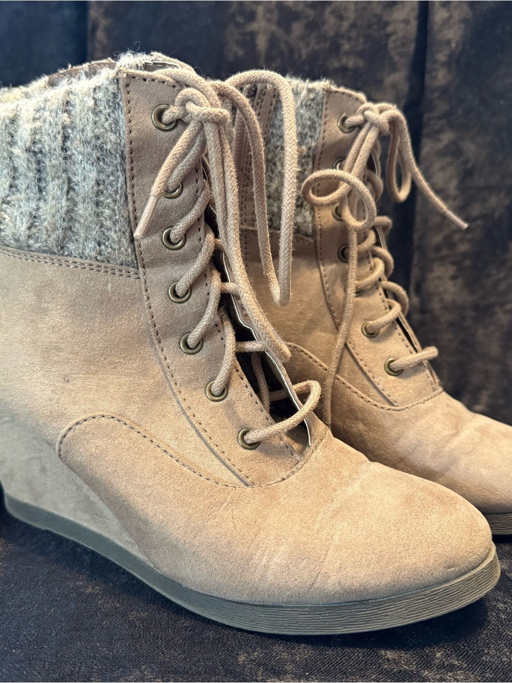 Beige Lace-Up Wedge Ankle Boots with Knit Cuff